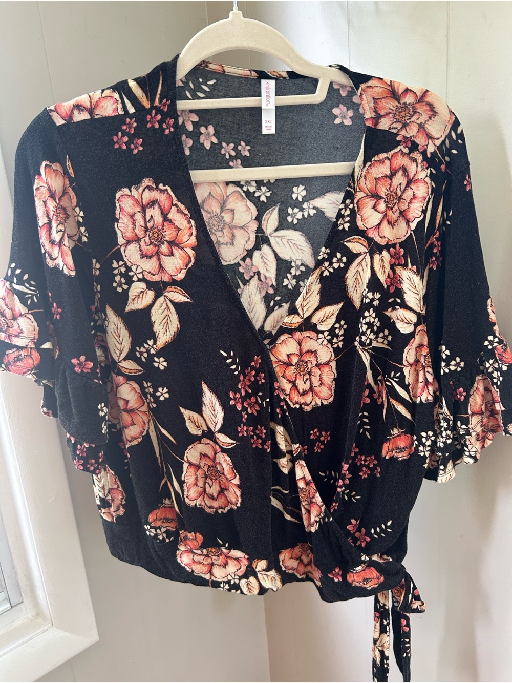 Xhilaration Black Wrap-Front Top with Pink Floral